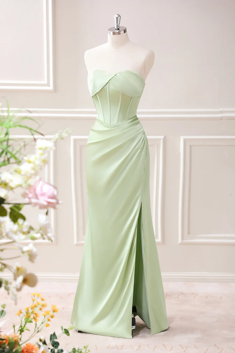 Green Sheath Corset Strapless Maxi Dress with Slit