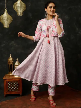 Grey Ethnic Print Flared Kurta With Shrug And Pants