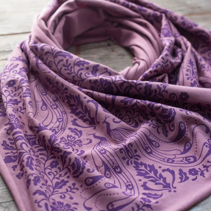 Hand-Printed Scarf - Purple Peacock Pattern Handmade Scarf - Eco-Friendly Scarf