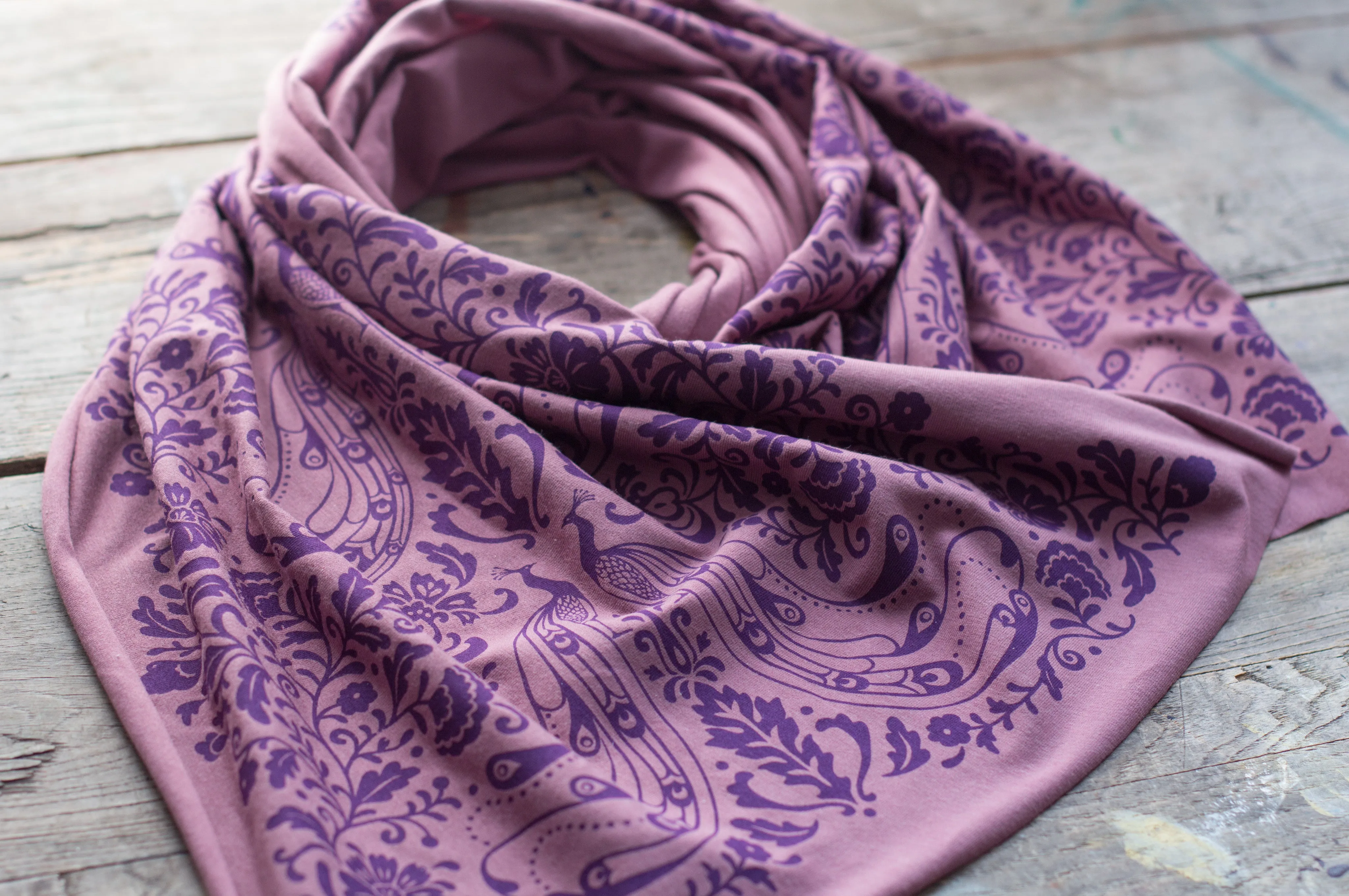 Hand-Printed Scarf - Purple Peacock Pattern Handmade Scarf - Eco-Friendly Scarf