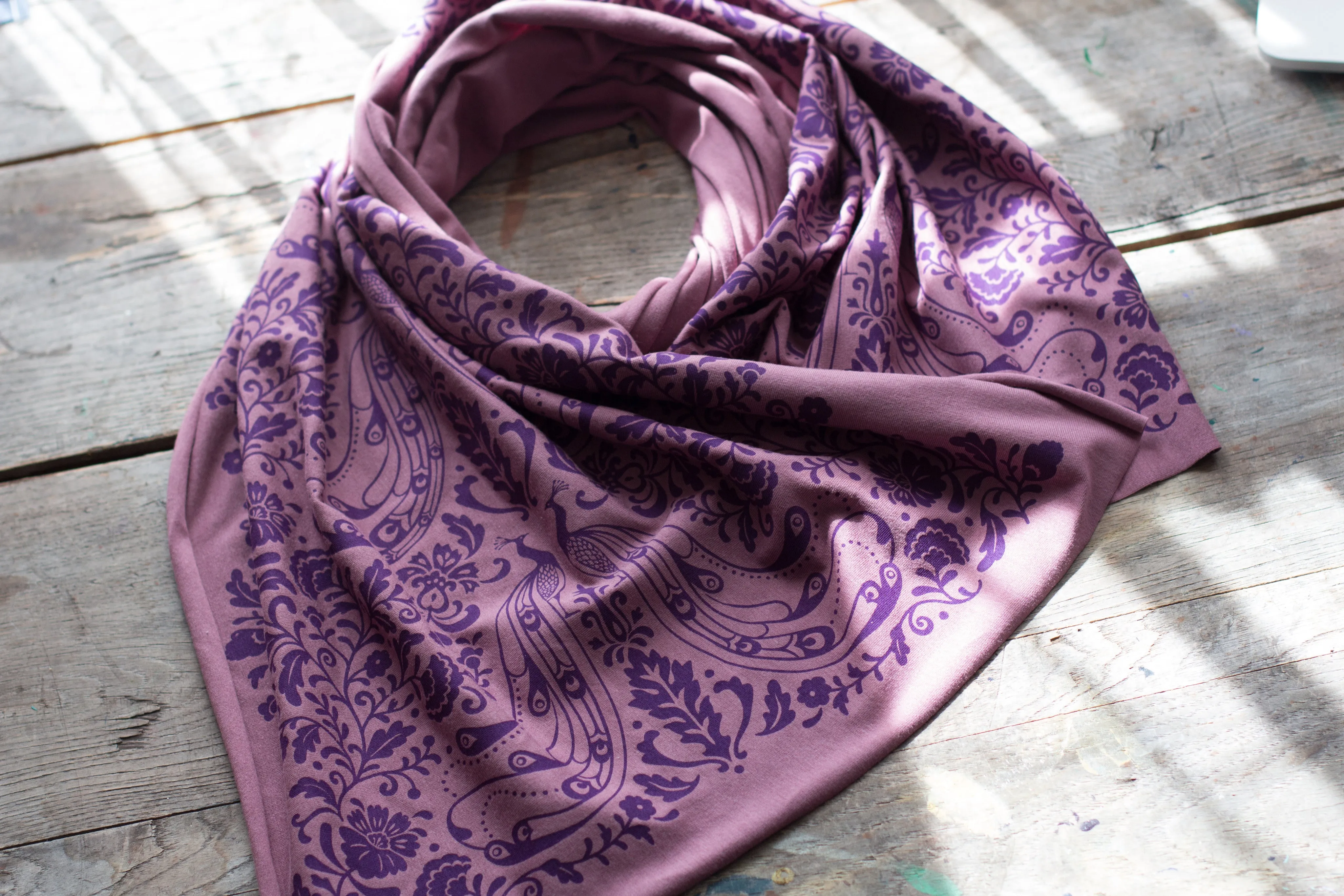 Hand-Printed Scarf - Purple Peacock Pattern Handmade Scarf - Eco-Friendly Scarf