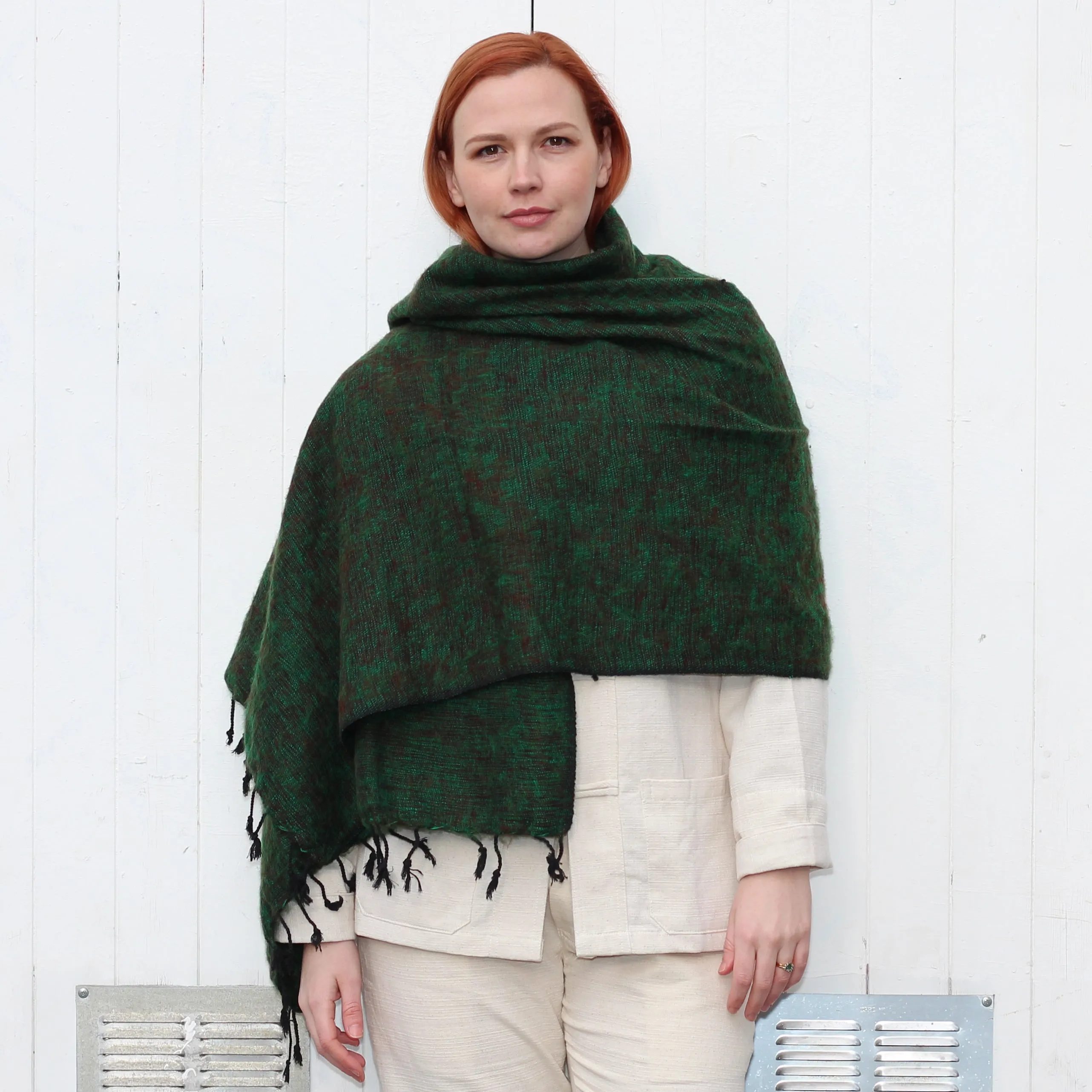 Handmade Nepalese 'Yak Wool' Shawl Deep Forest Green-Brown Oversized Scarf / Yoga Blanket