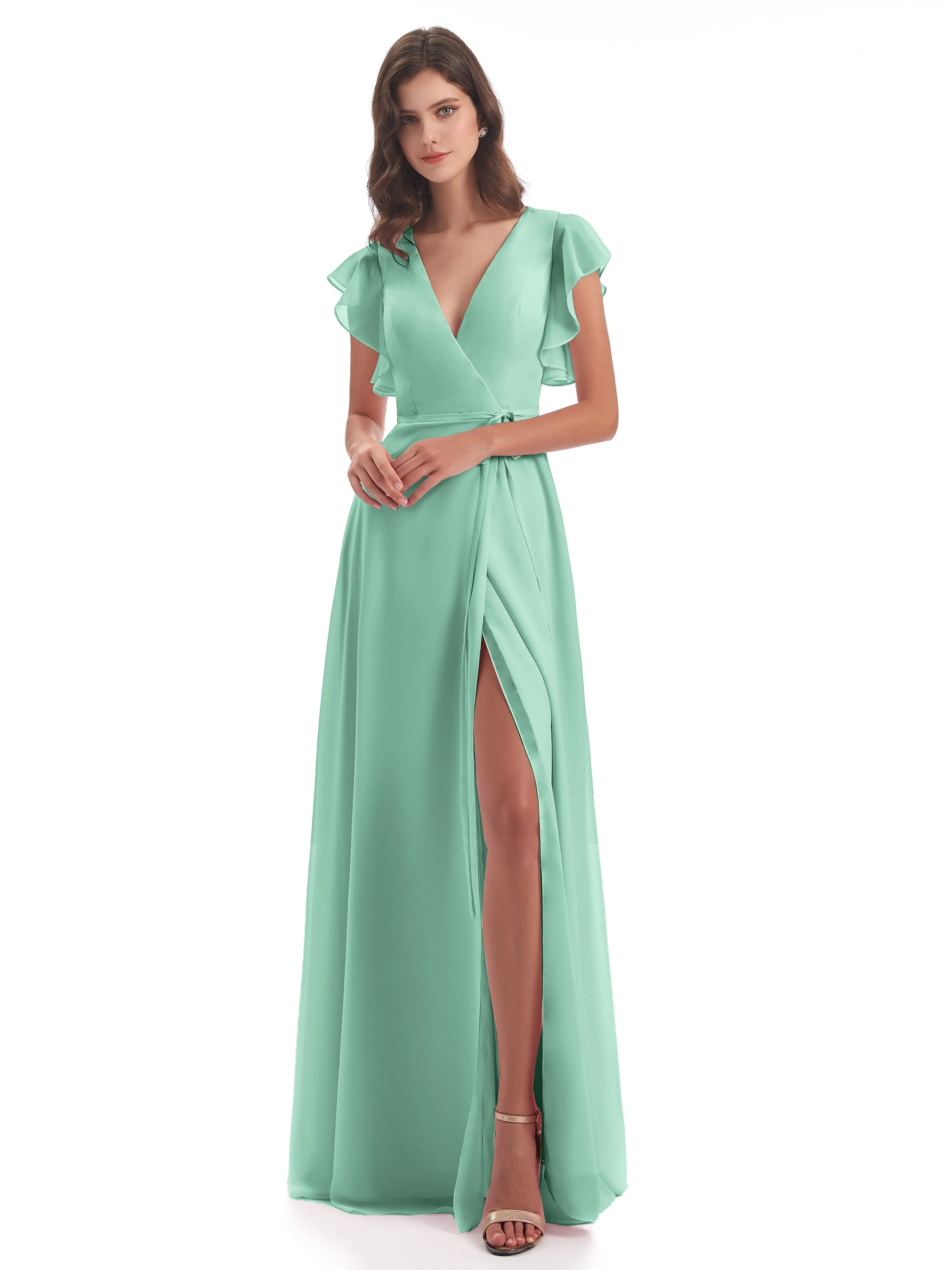 Hope Charming V Neck Long Chiffon Bridesmaid Dresses