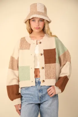 Hot Girl Funky Town Color Block Textured Cotton Cardigan In Oatmeal