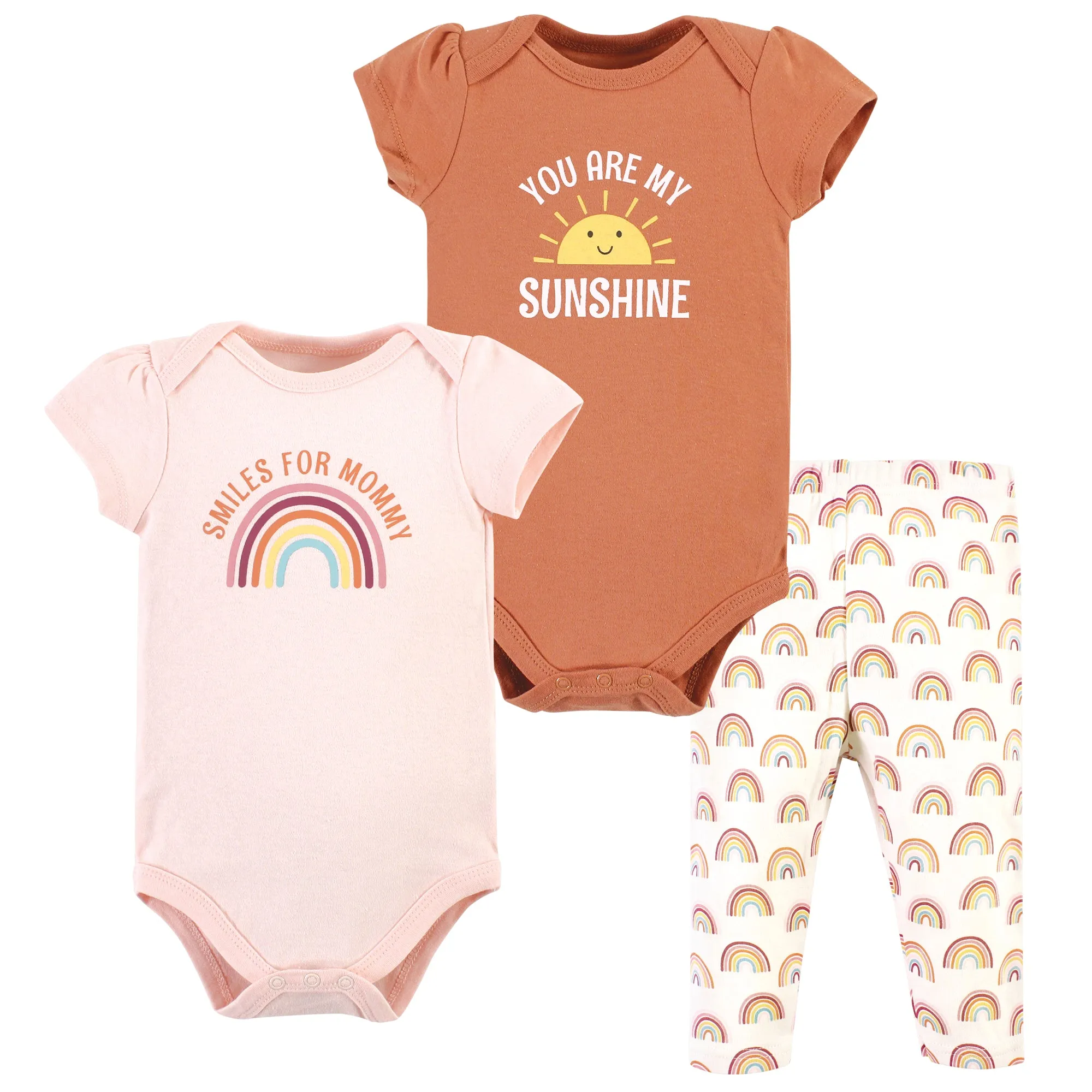 Hudson Baby Cotton Bodysuit and Pant Set, Sunshine Rainbows Short-Sleeve