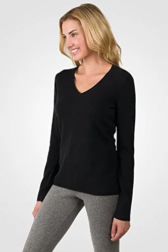 JENNIE LIU Women's 100% Pure Cashmere Long Sleeve Pullover V Neck Sweater (M, Black)