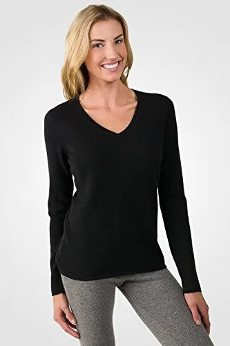 JENNIE LIU Women's 100% Pure Cashmere Long Sleeve Pullover V Neck Sweater (M, Black)