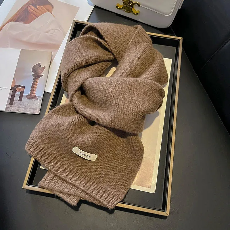 Knitted Scarf Women 100% Wool Winter Warm Scarves Bright Solid Color Design Thickened Shawl Soft Cashmere Pashmina Neck 2023 NEW