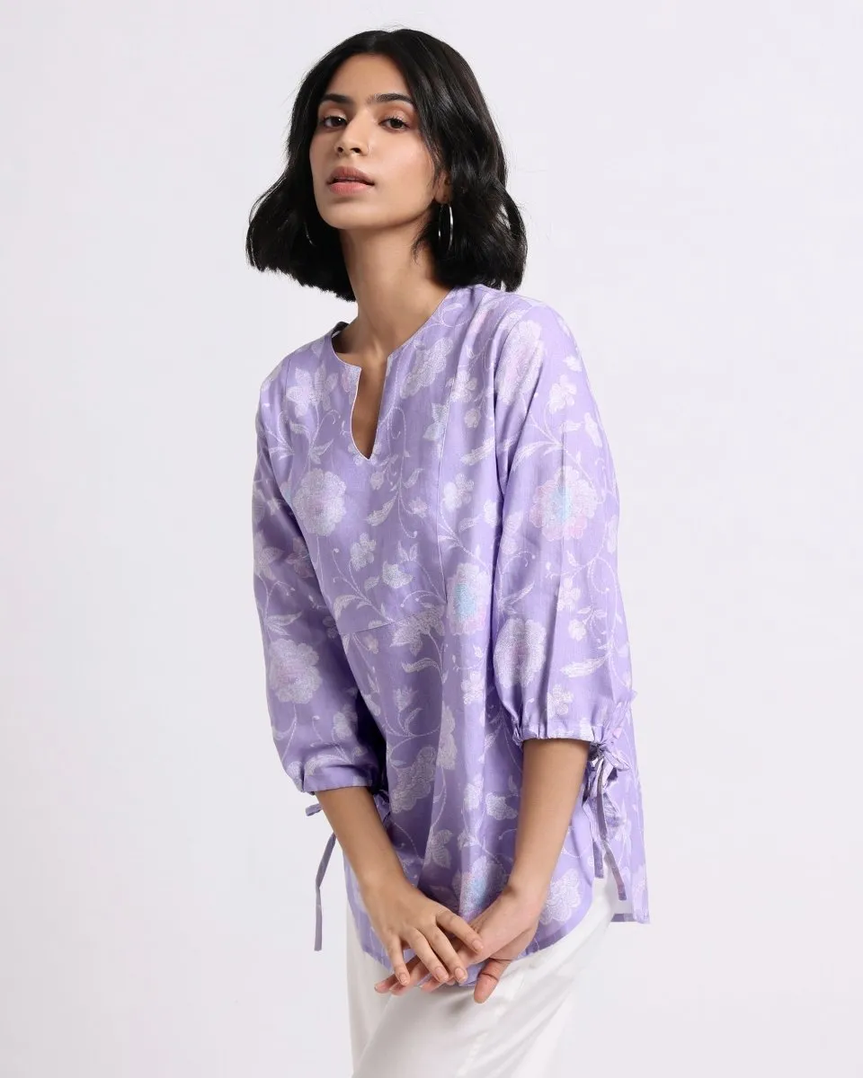 Lavender Bloom Print Linen Blouse