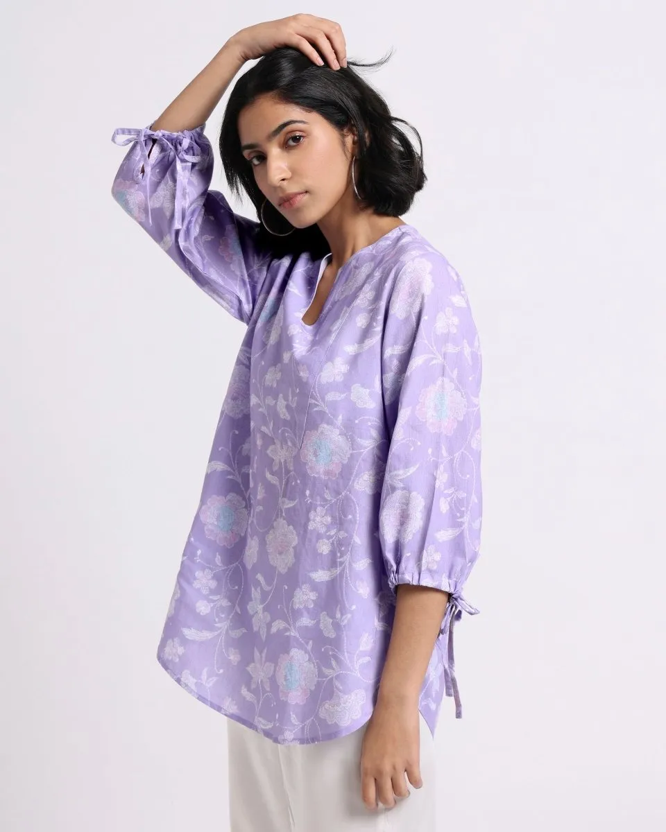 Lavender Bloom Print Linen Blouse