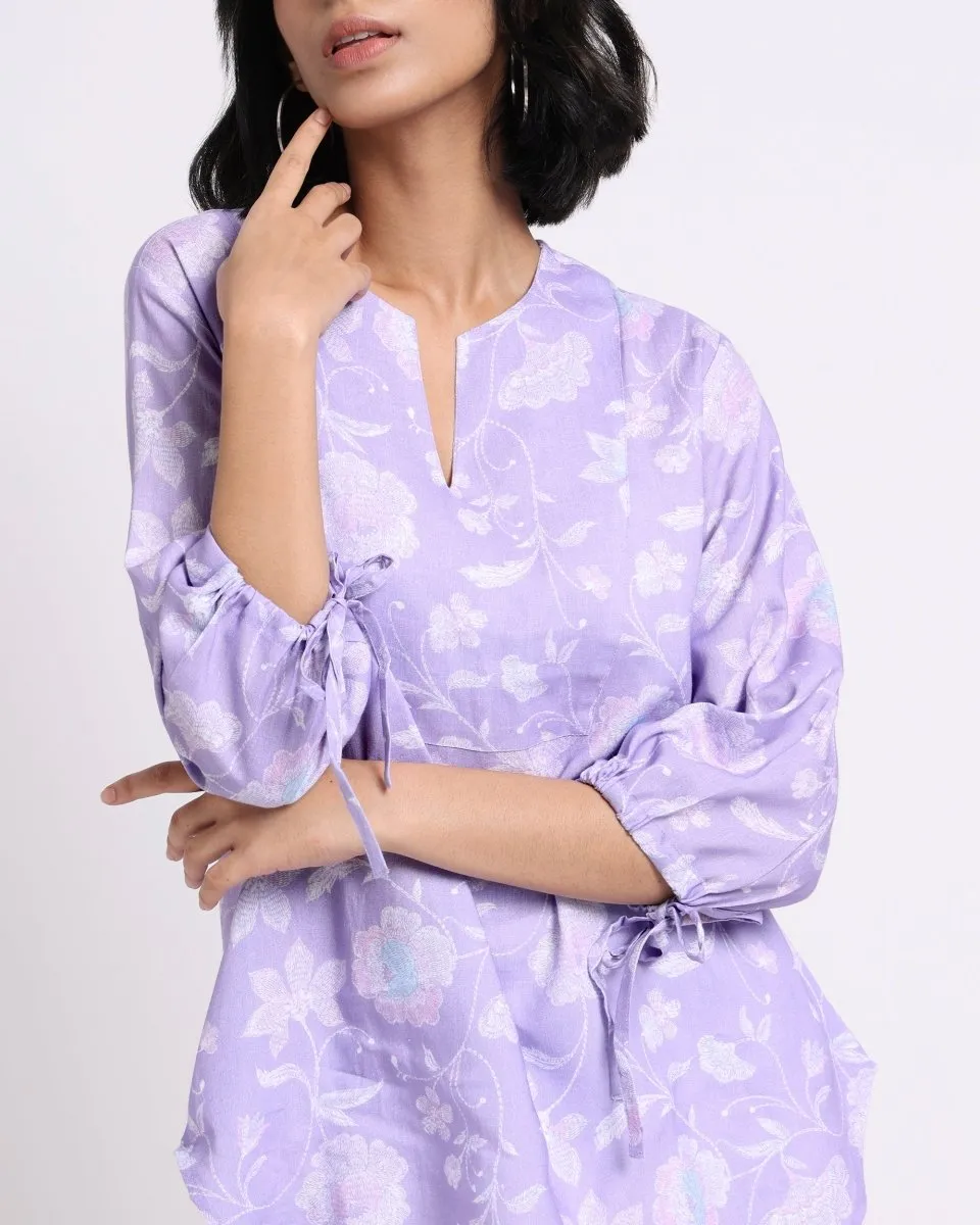 Lavender Bloom Print Linen Blouse