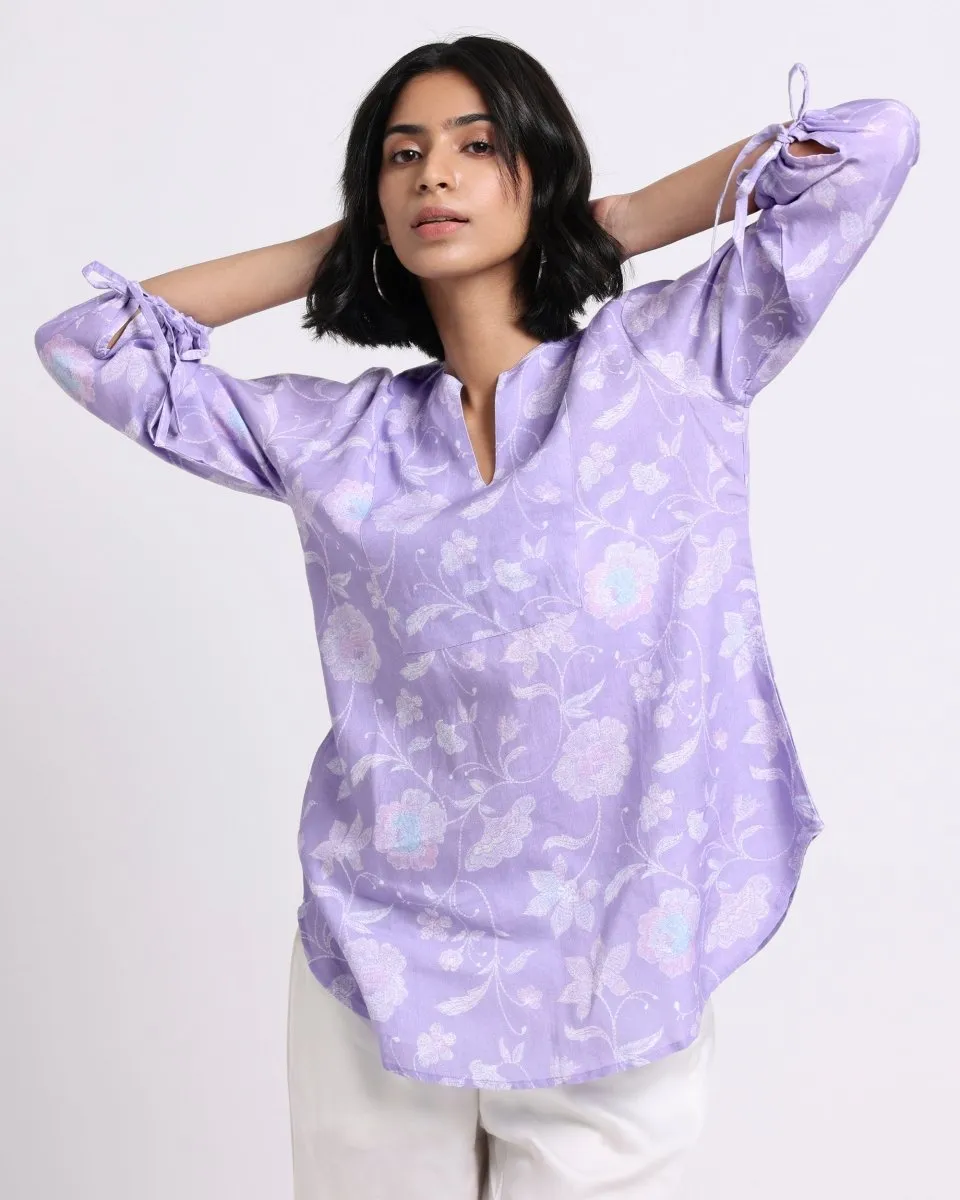 Lavender Bloom Print Linen Blouse