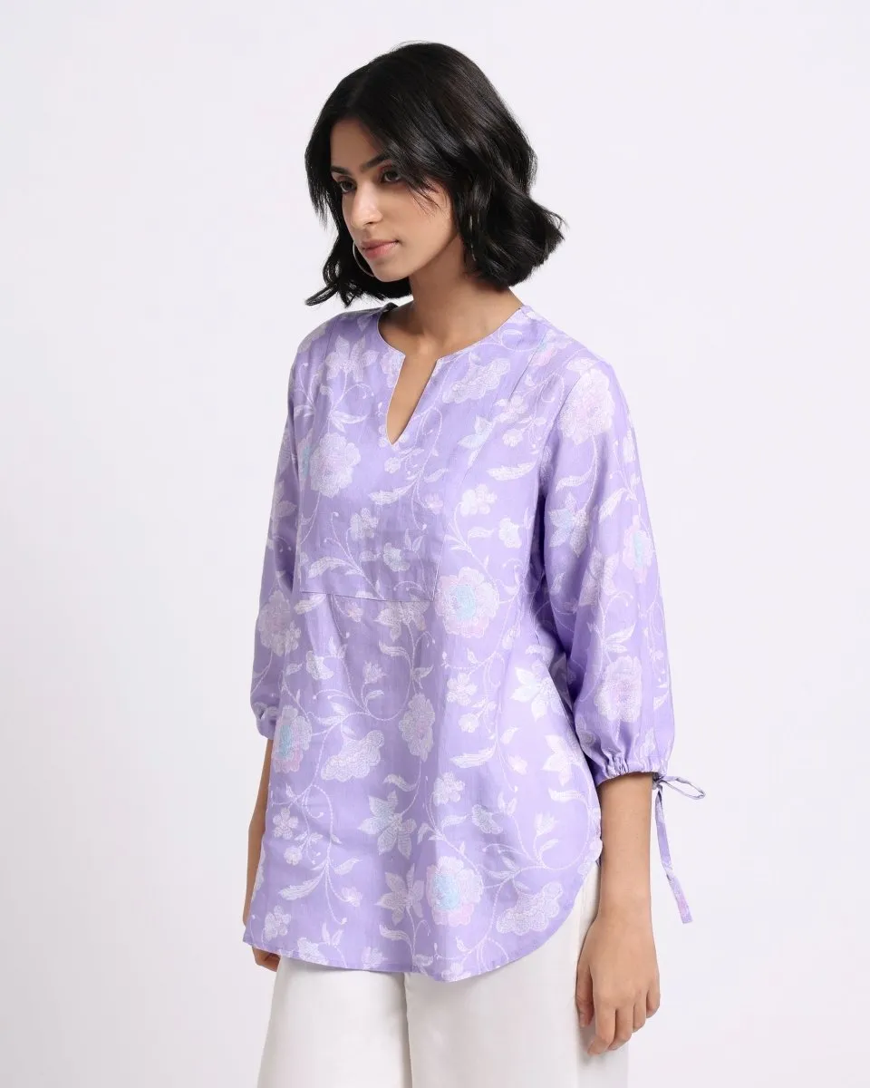 Lavender Bloom Print Linen Blouse