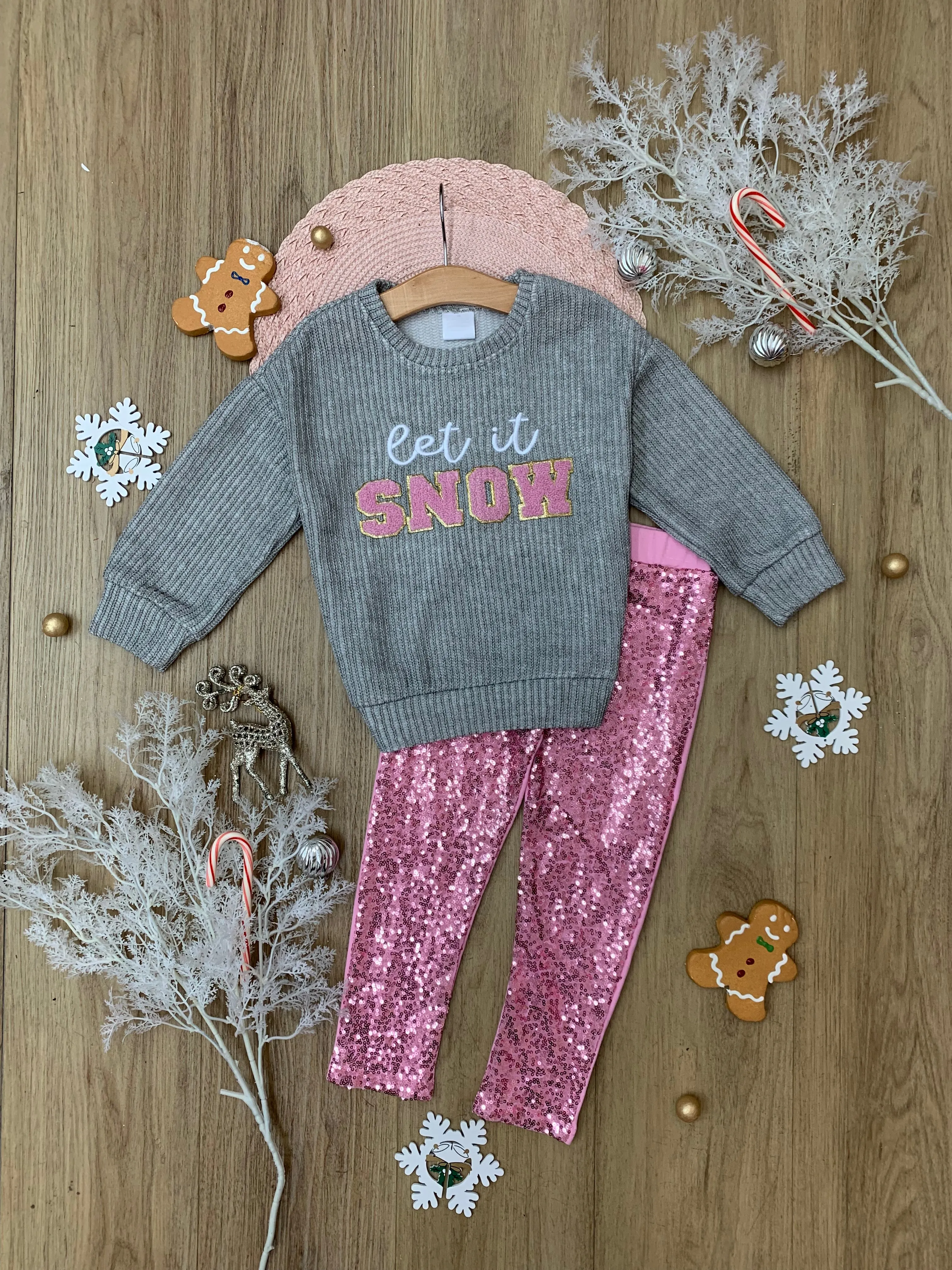 Let It Snow Sweater And Pink Dazzling Sequin Legging Set