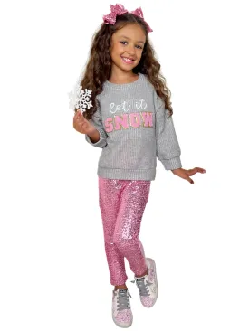 Let It Snow Sweater And Pink Dazzling Sequin Legging Set