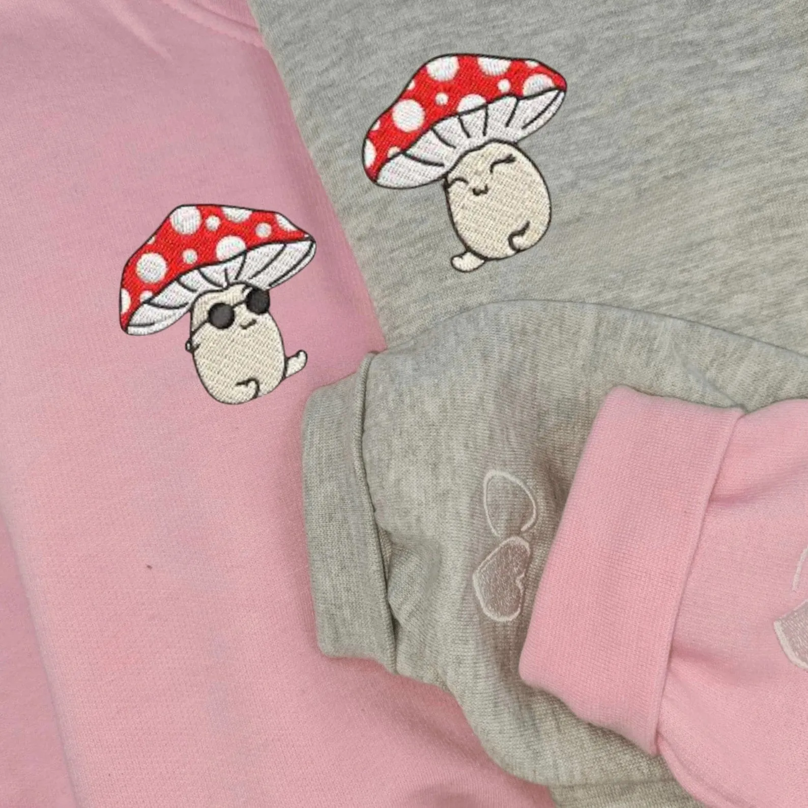 Matching Couple Hoodies -  Cartoon Mushroom Embroidered Sweatshirts For Couples