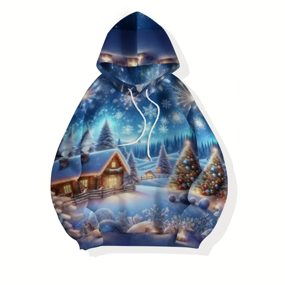 Mens Christmas Winter Snow House Graphic Pullover With Kangaroo Pocket Hoodies