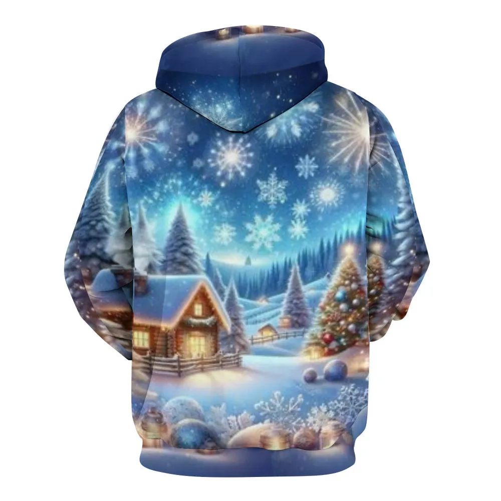 Mens Christmas Winter Snow House Graphic Pullover With Kangaroo Pocket Hoodies