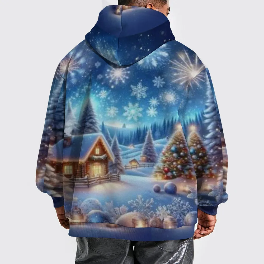 Mens Christmas Winter Snow House Graphic Pullover With Kangaroo Pocket Hoodies