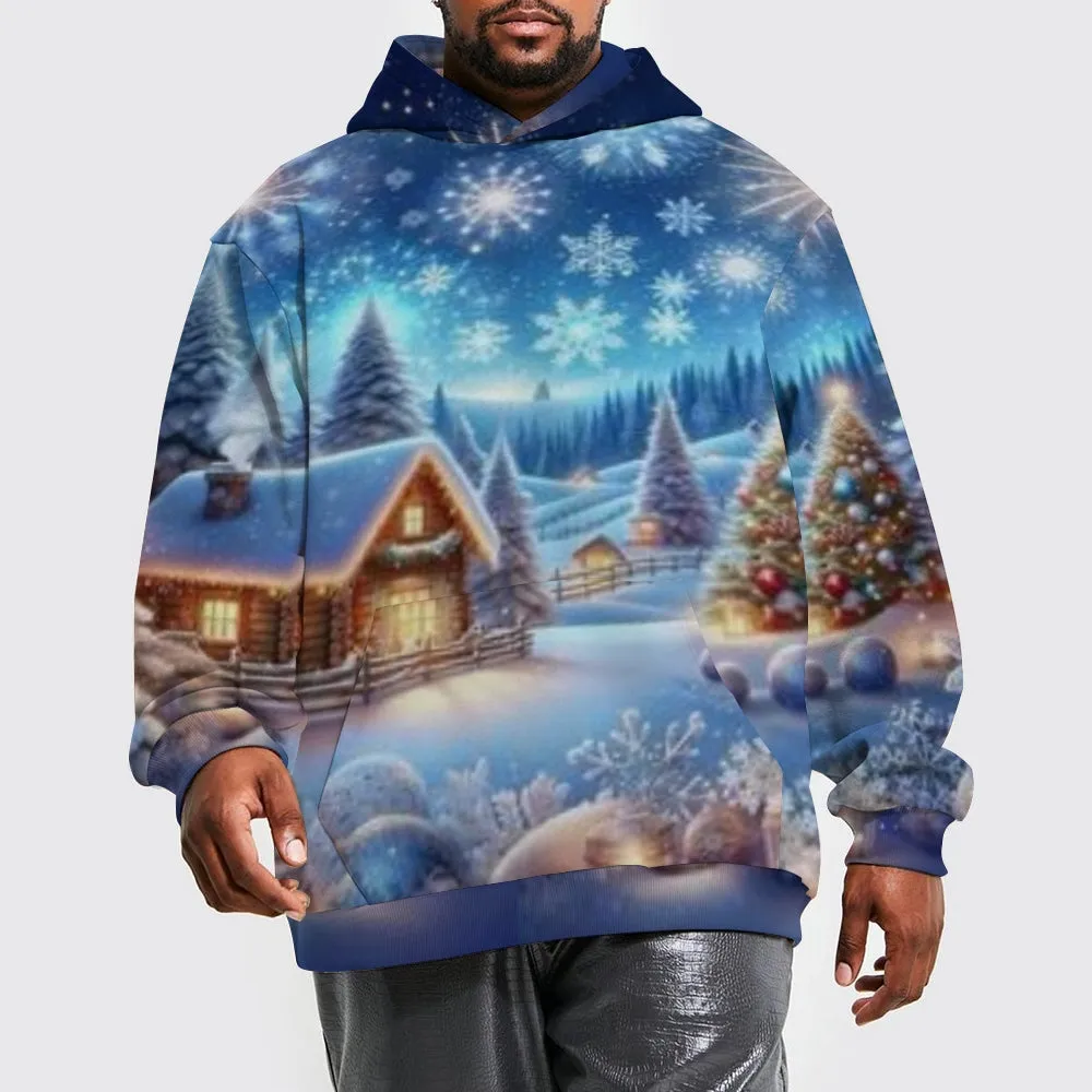 Mens Christmas Winter Snow House Graphic Pullover With Kangaroo Pocket Hoodies