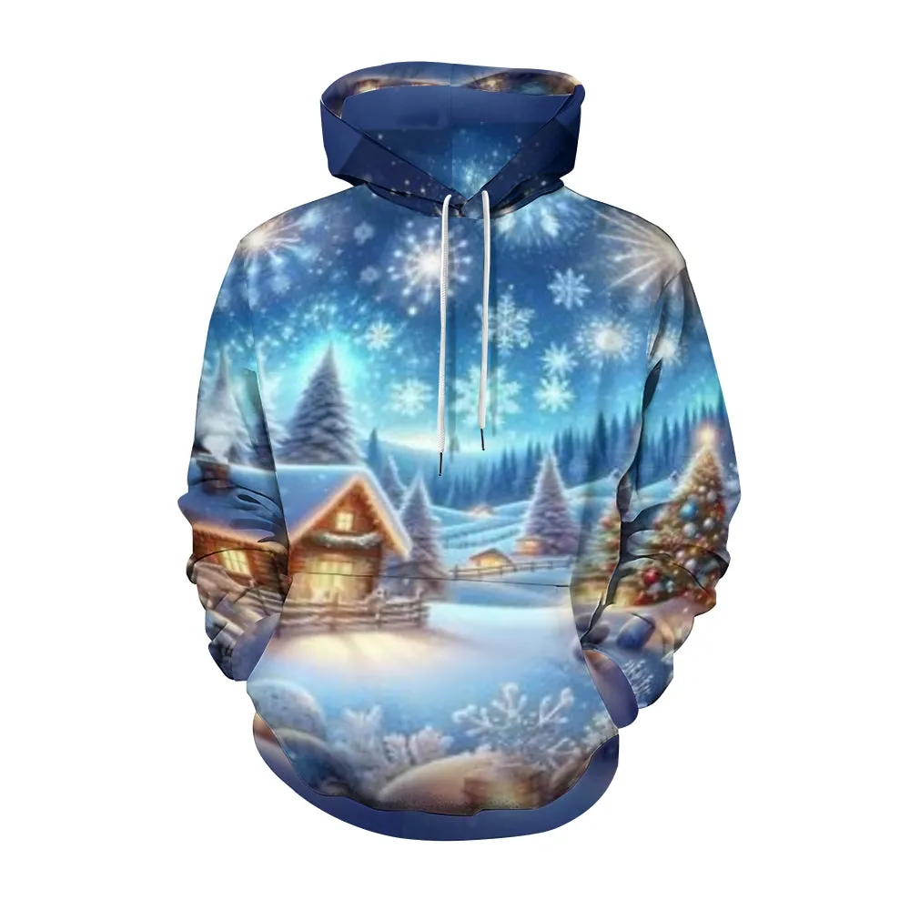 Mens Christmas Winter Snow House Graphic Pullover With Kangaroo Pocket Hoodies