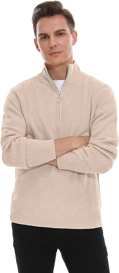 Men's Soft Sweaters Quarter Zip Pullover Classic Ribbed Turtleneck Sweater - Beige