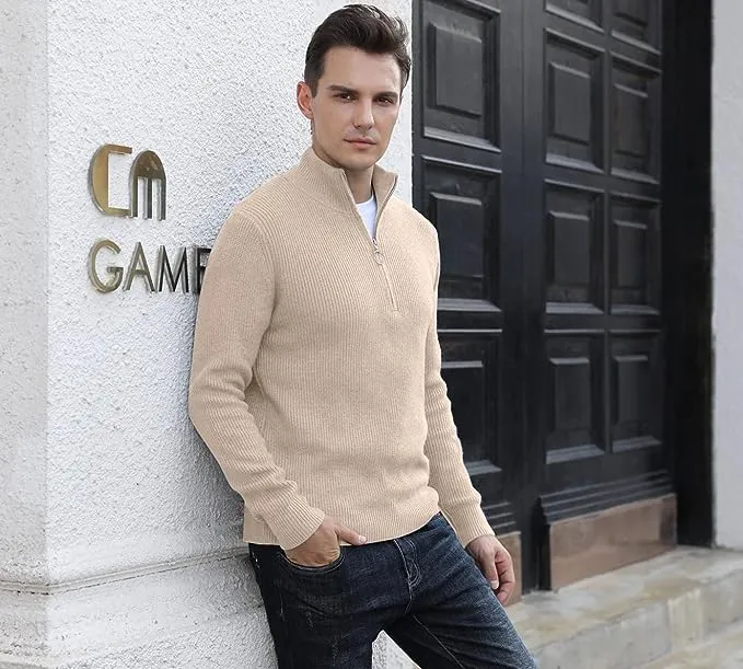 Men's Soft Sweaters Quarter Zip Pullover Classic Ribbed Turtleneck Sweater - Beige