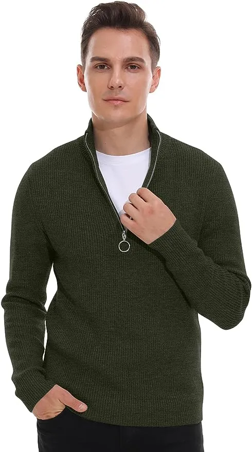 Men's Soft Sweaters Quarter Zip Pullover Classic Ribbed Turtleneck Sweater - Green