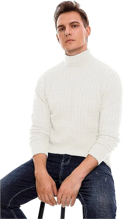 Men's Twisted Knitted Turtleneck Sweater Casual Soft Pullover Sweaters - White