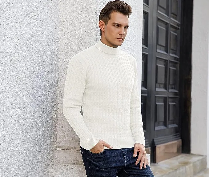 Men's Twisted Knitted Turtleneck Sweater Casual Soft Pullover Sweaters - White