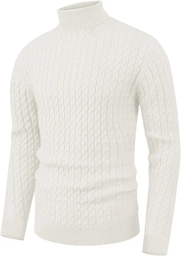 Men's Twisted Knitted Turtleneck Sweater Casual Soft Pullover Sweaters - White