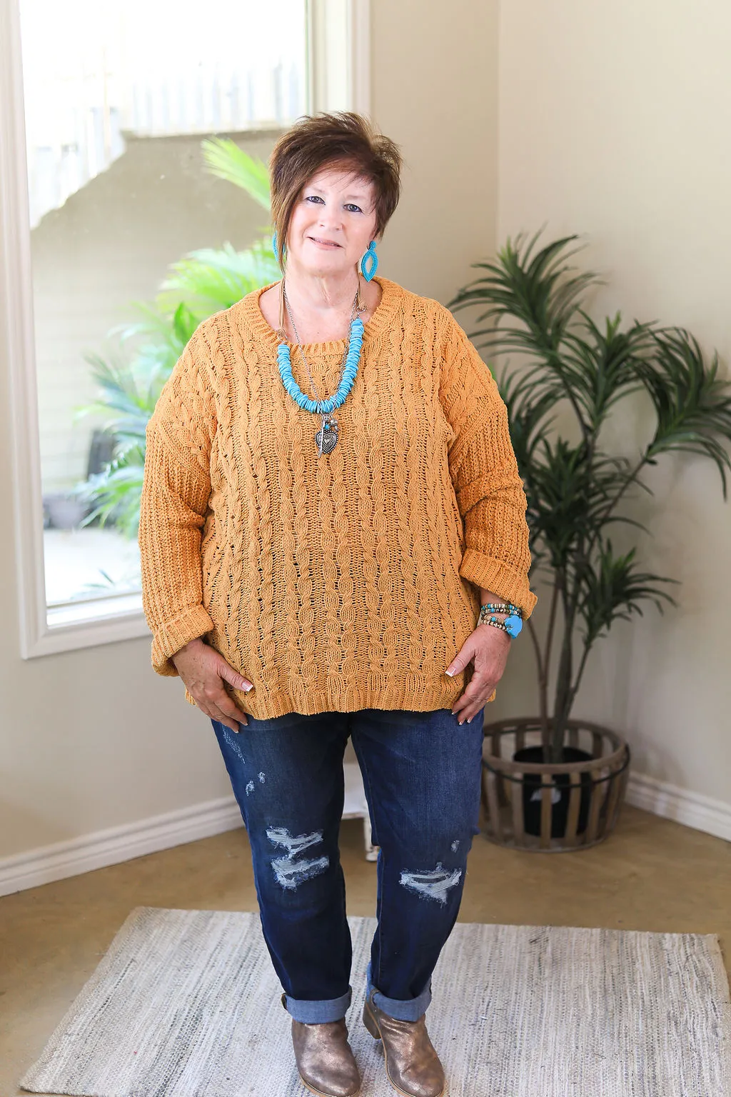 On My Level Chenille Cable Knit Pullover Sweater in Mustard Yellow