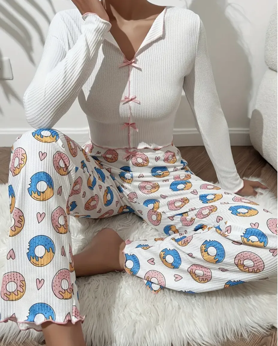 Pajama With Long Sleeve and Pants,Print Donut, White Color, Size M