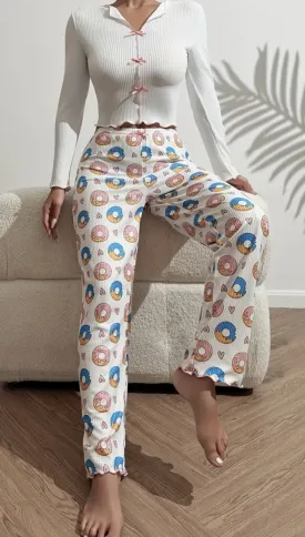 Pajama With Long Sleeve and Pants,Print Donut, White Color, Size M