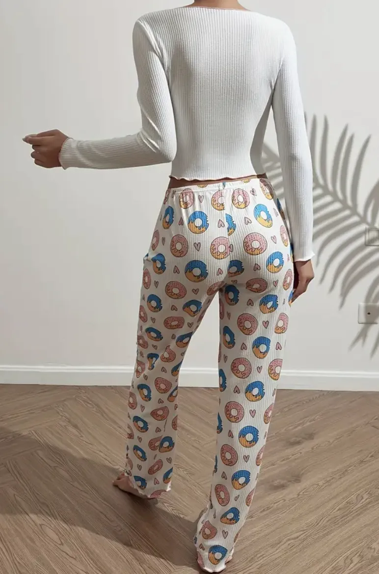 Pajama With Long Sleeve and Pants,Print Donut, White Color, Size M