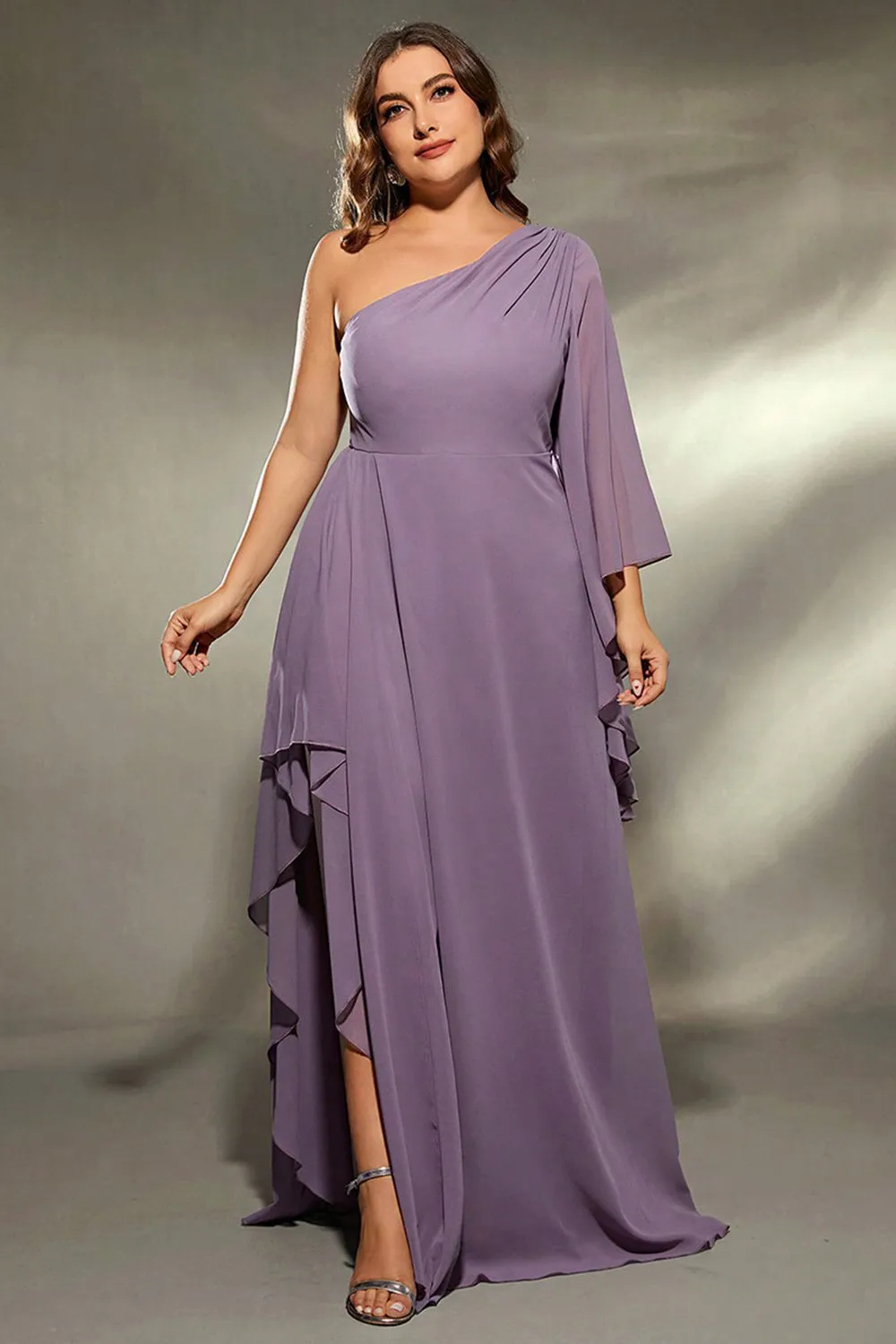 Plus Size Grey Purple One Shoulder Ruffled Sleeves Chiffon Maxi Dress with Slit