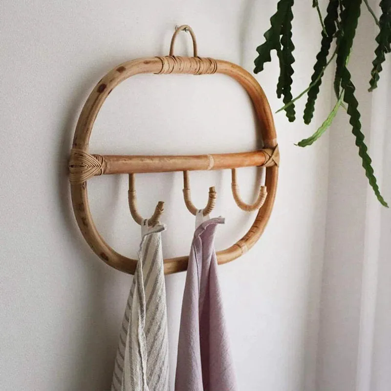 Rattan Hanging Wall Hooks Shelf - Kids Room Home Decor - Boho Hat Kids Clothes Entryway  Organizer - Coat Rack Bathroom Towel Hanger Bedroom