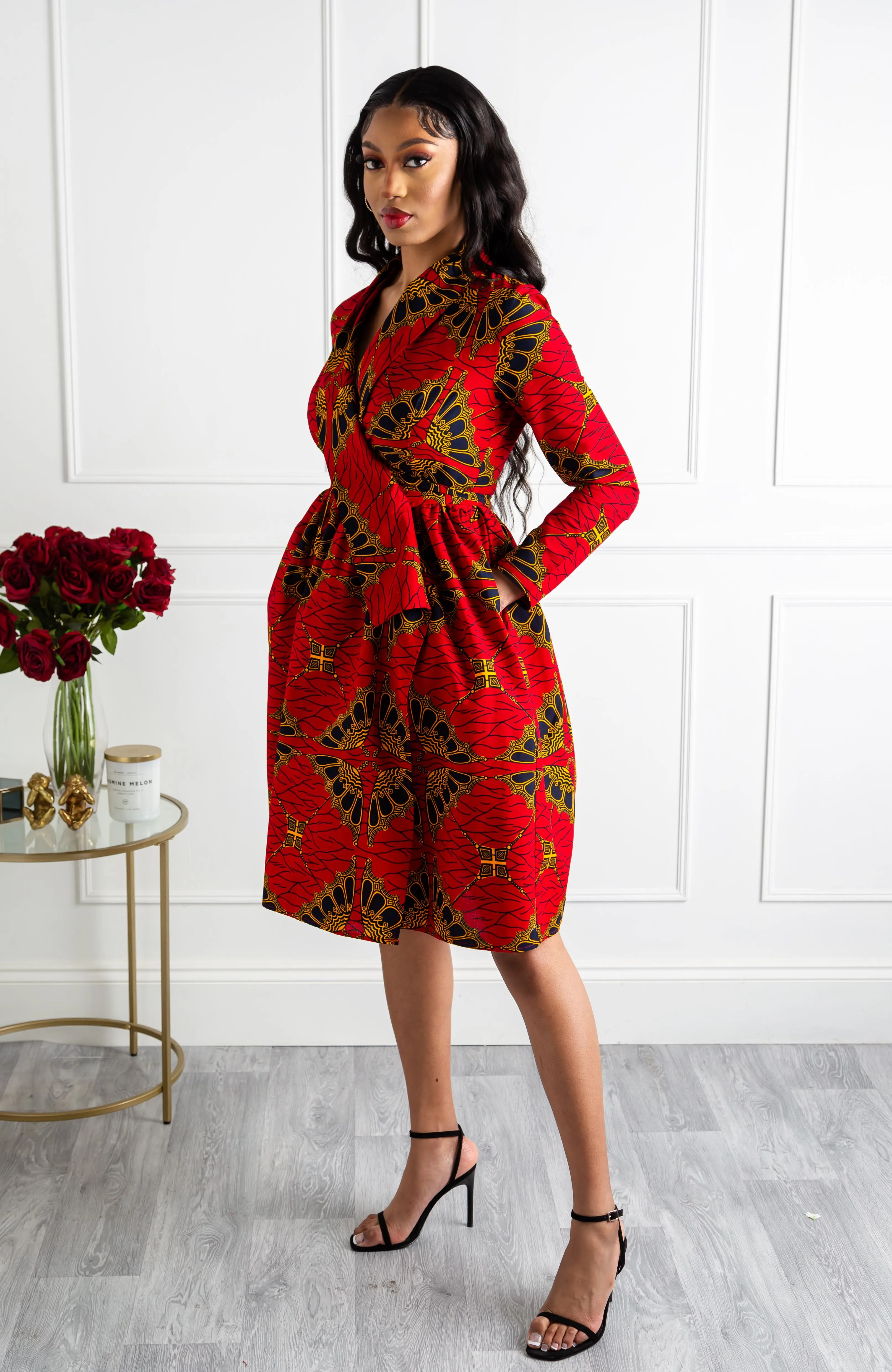 Red African Wax Shawl Collar Fit and Flare Wrap Dress - CORDELIA