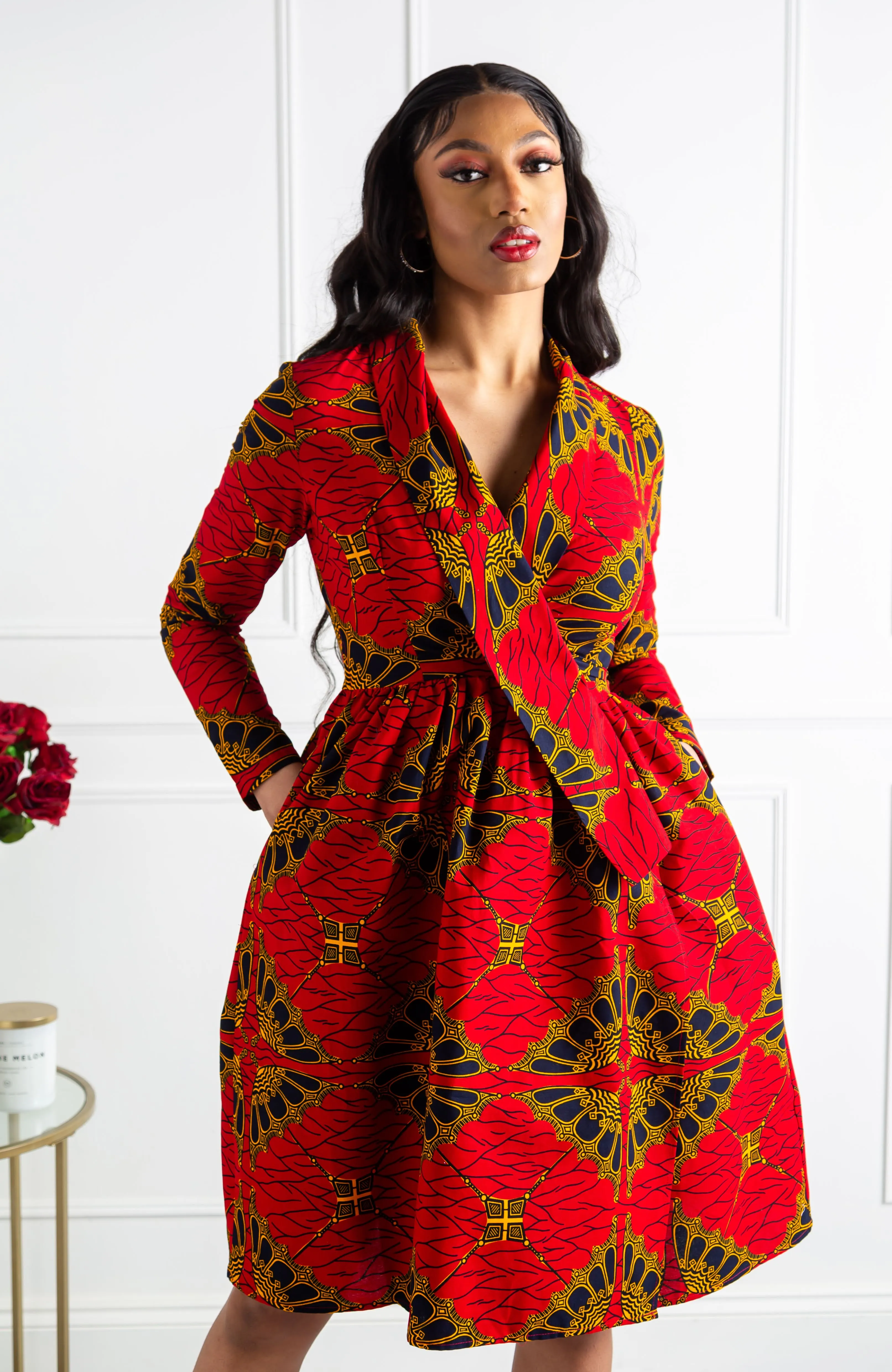 Red African Wax Shawl Collar Fit and Flare Wrap Dress - CORDELIA