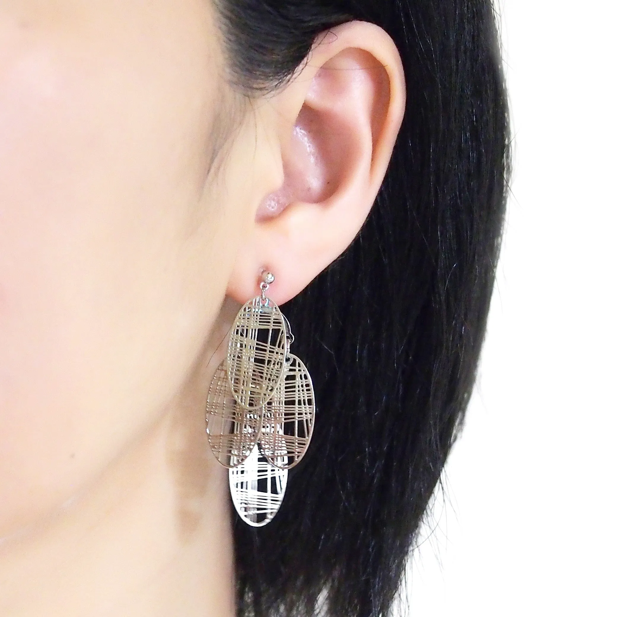 Silver gingham check filigree invisible clip on earrings