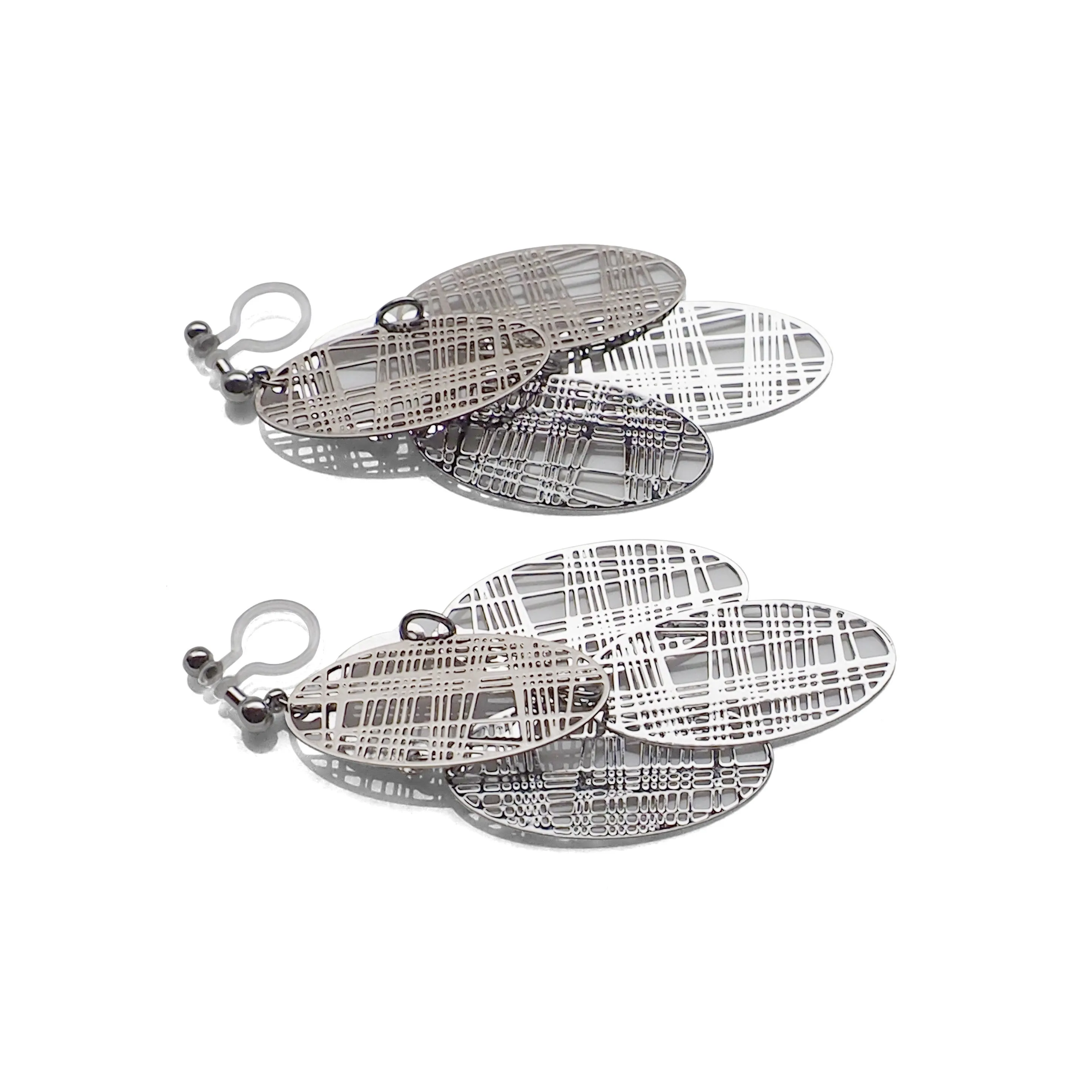 Silver gingham check filigree invisible clip on earrings