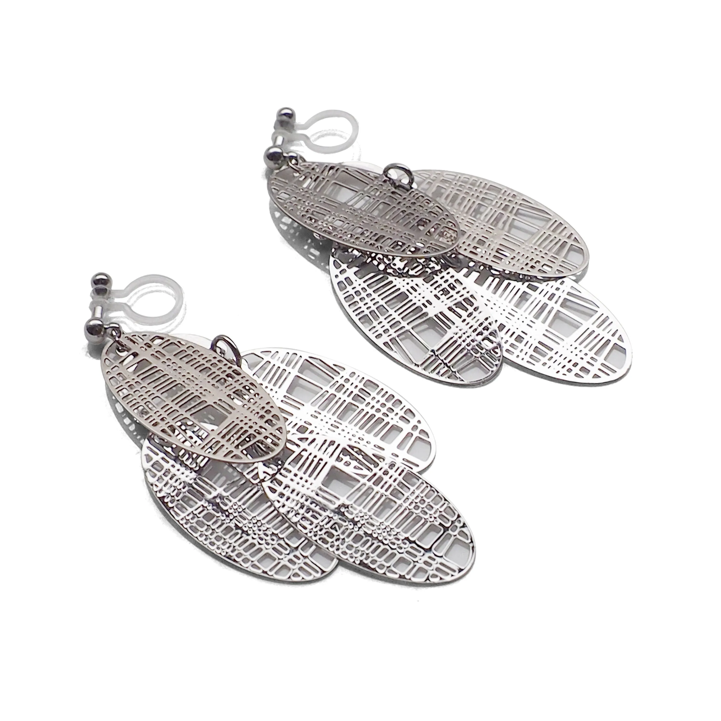 Silver gingham check filigree invisible clip on earrings