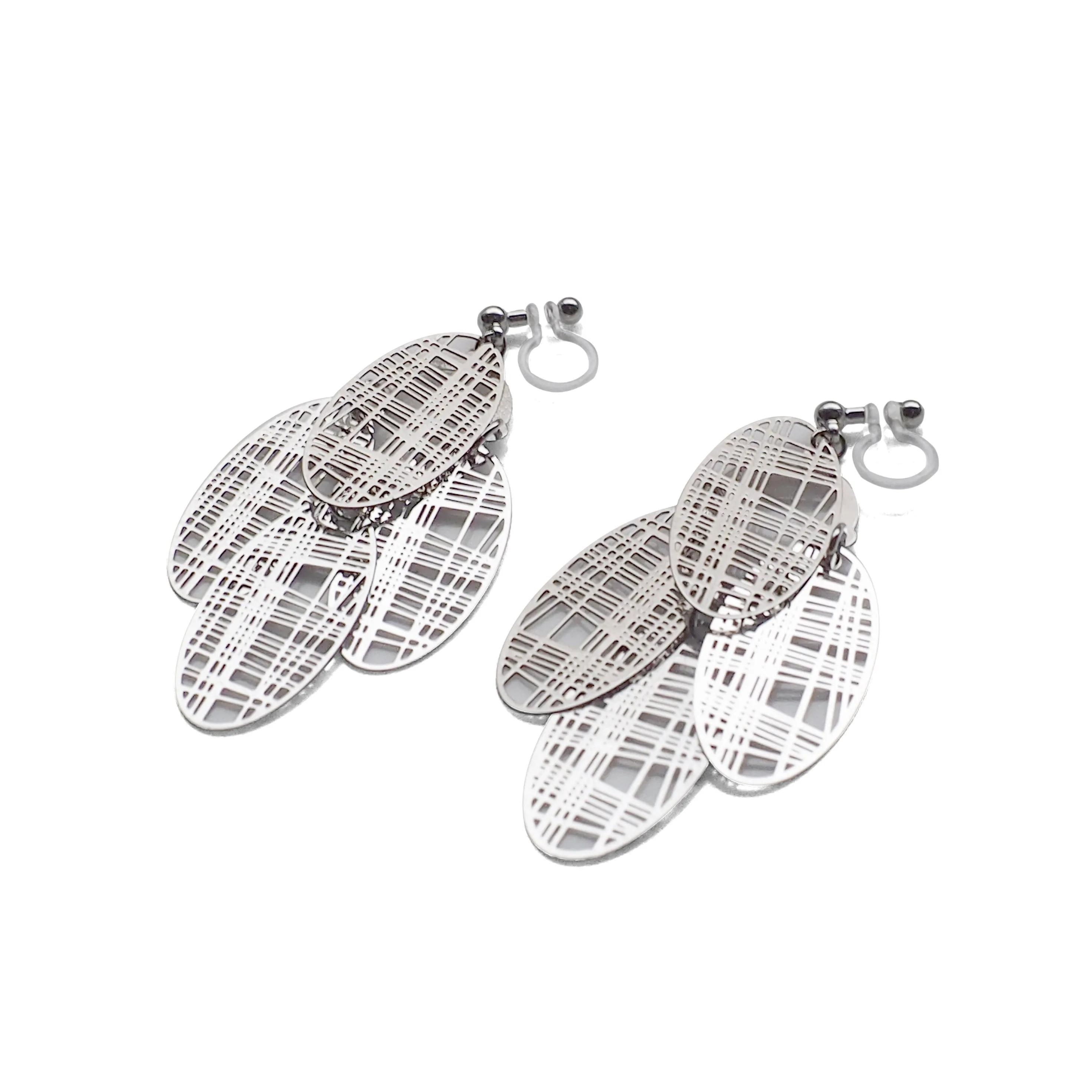 Silver gingham check filigree invisible clip on earrings