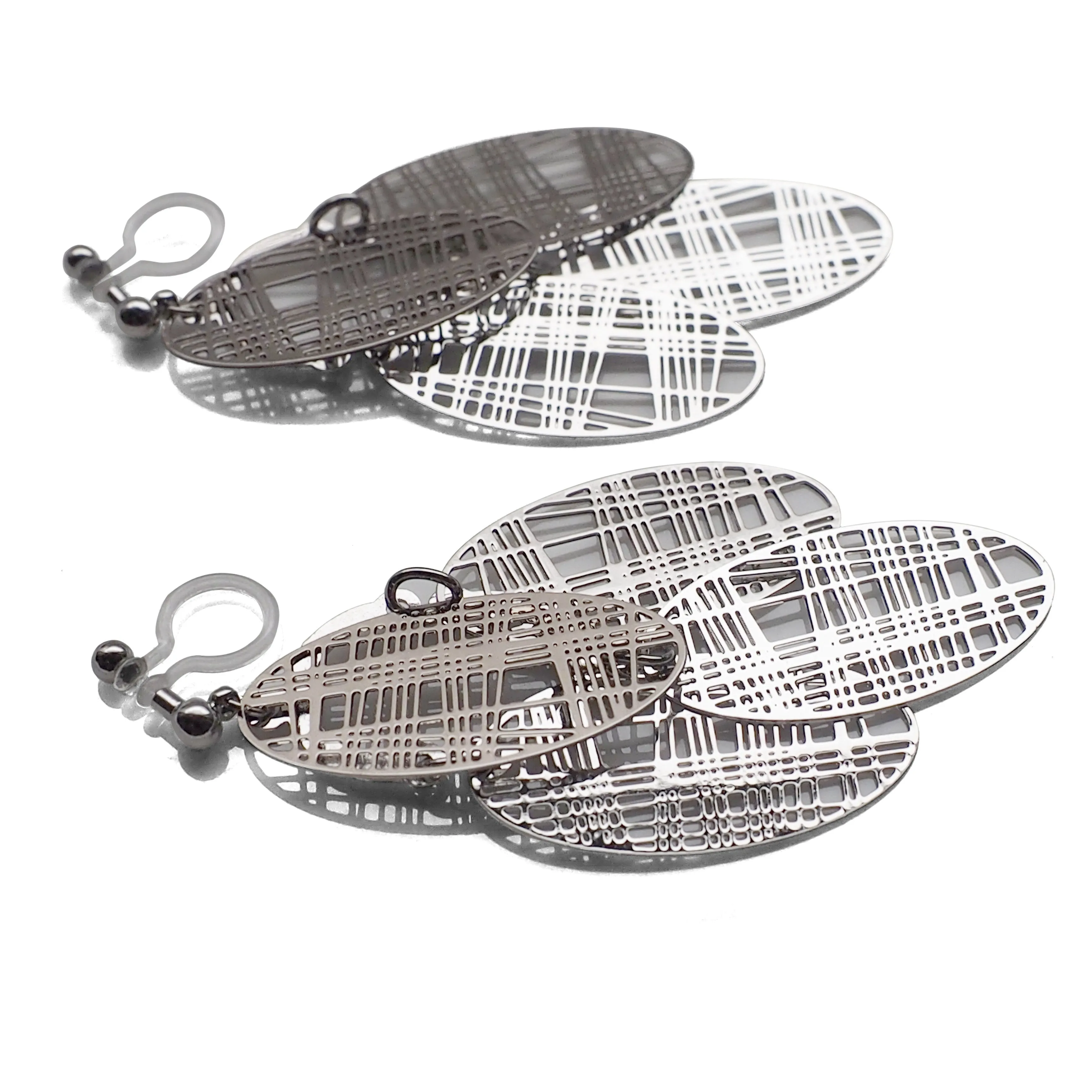 Silver gingham check filigree invisible clip on earrings