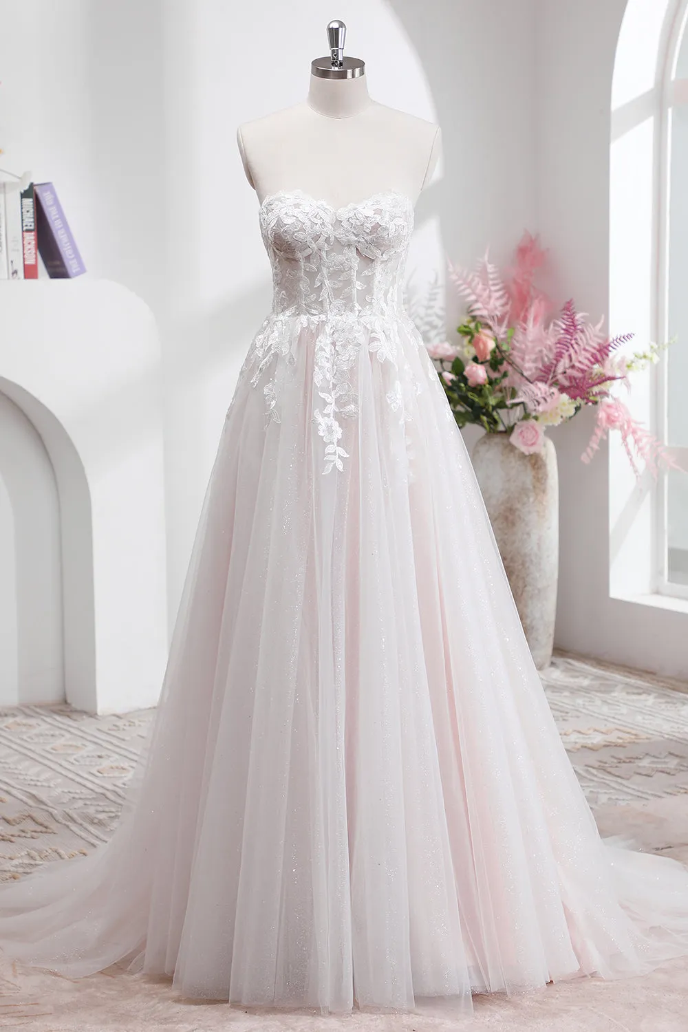 Sparkly White A Line Sweetheart Wedding Dress with Applique Lace