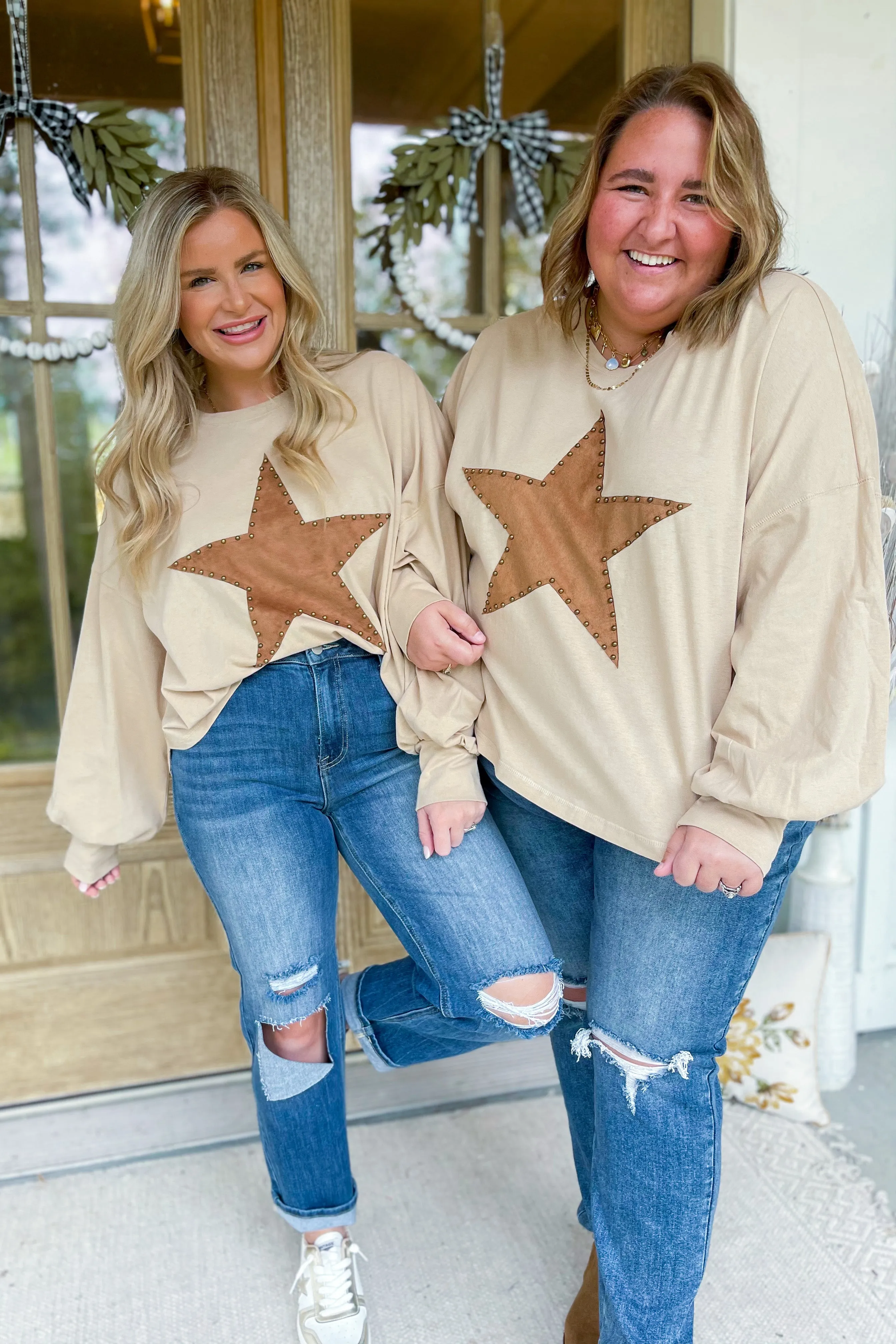 Star Studded Suede Patch Long Sleeve Top *FINAL SALE*