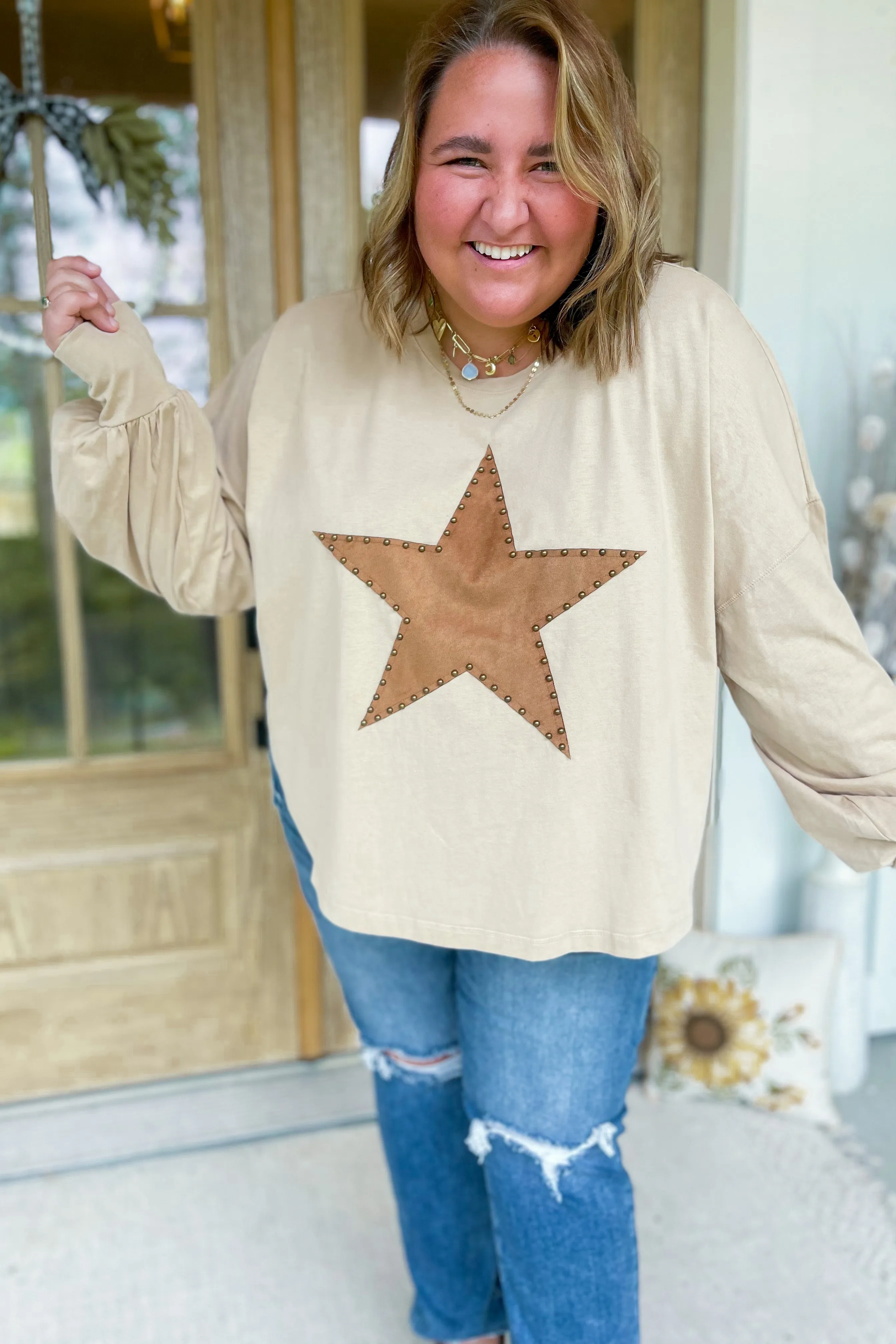 Star Studded Suede Patch Long Sleeve Top *FINAL SALE*