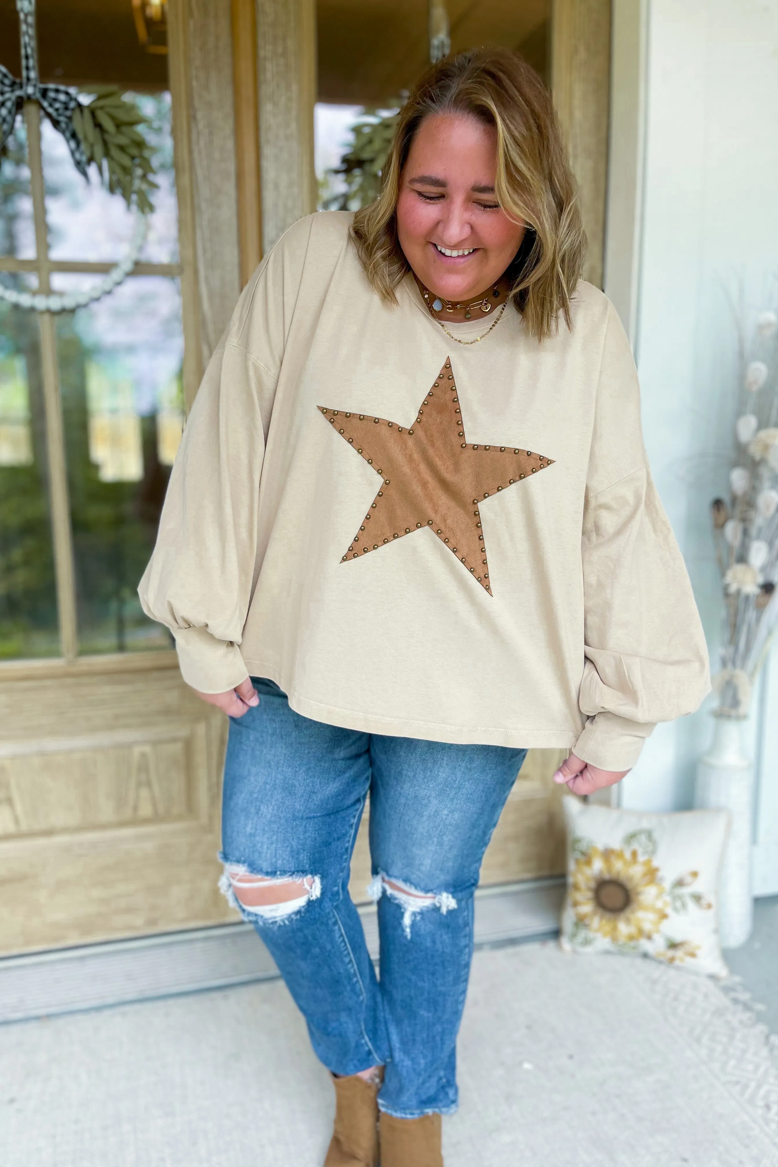 Star Studded Suede Patch Long Sleeve Top *FINAL SALE*