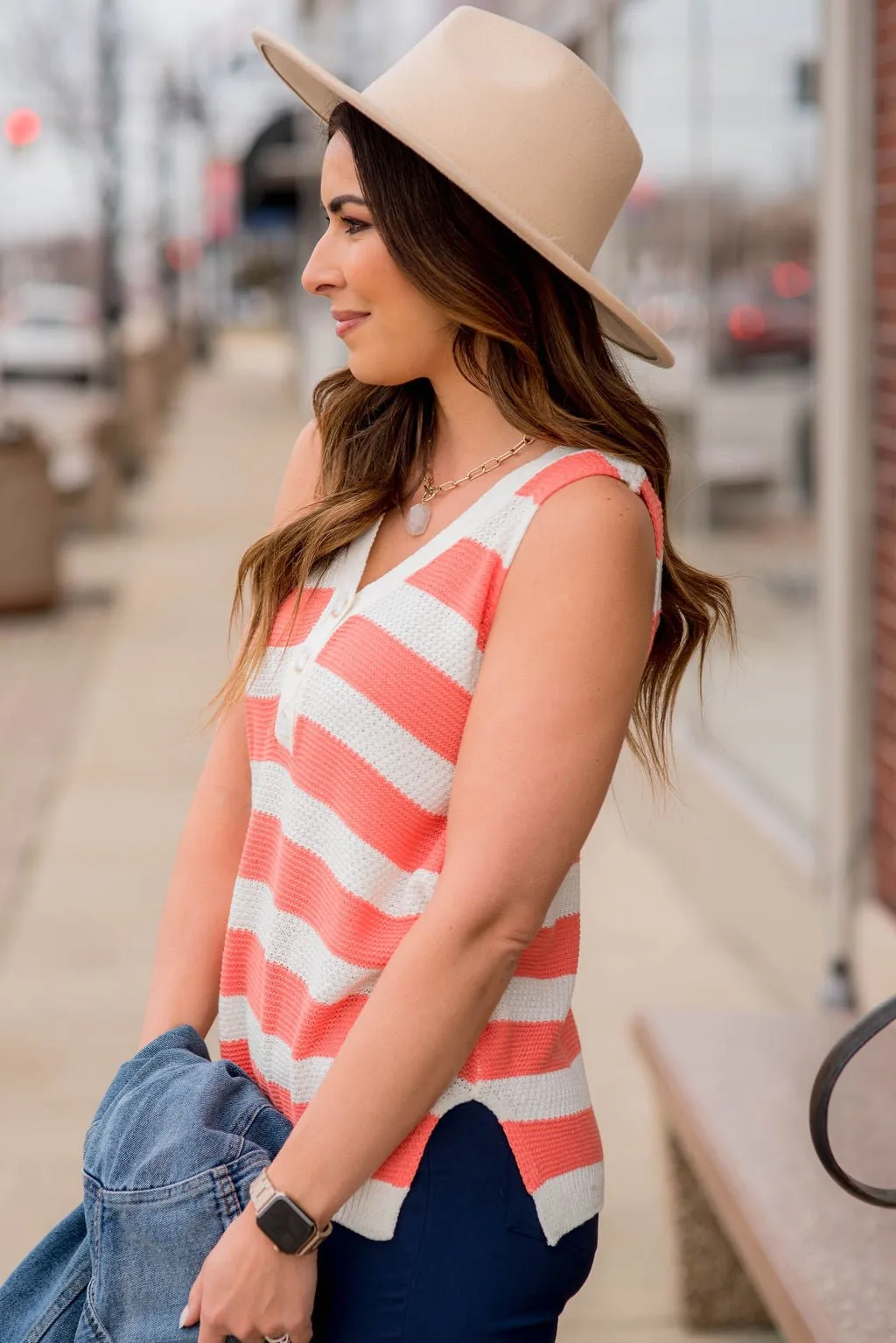 Striped Button Accented Knit Tank