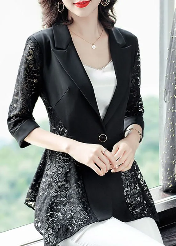 Stylish Black Notched Collar Lace Patchwork Hollow Out Spandex Coats Summer